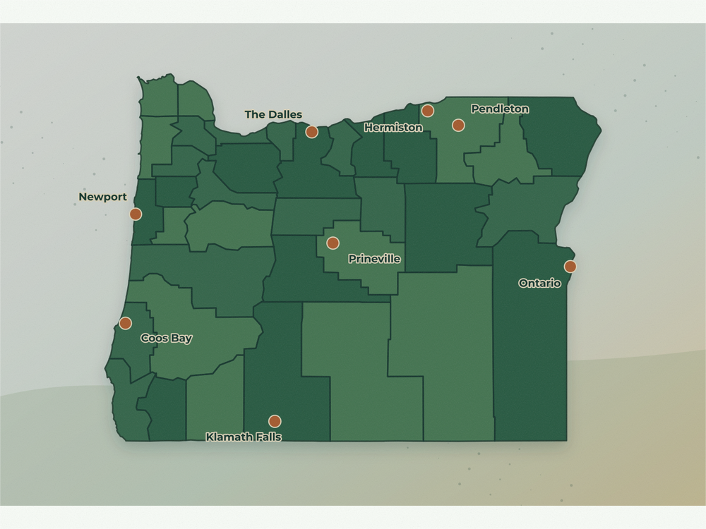 Accurate Oregon land service area map showing Klamath Falls, Pendleton, Coos Bay, Hermiston, Newport, Prineville, The Dalles, Hood River, Ontario, and La Grande